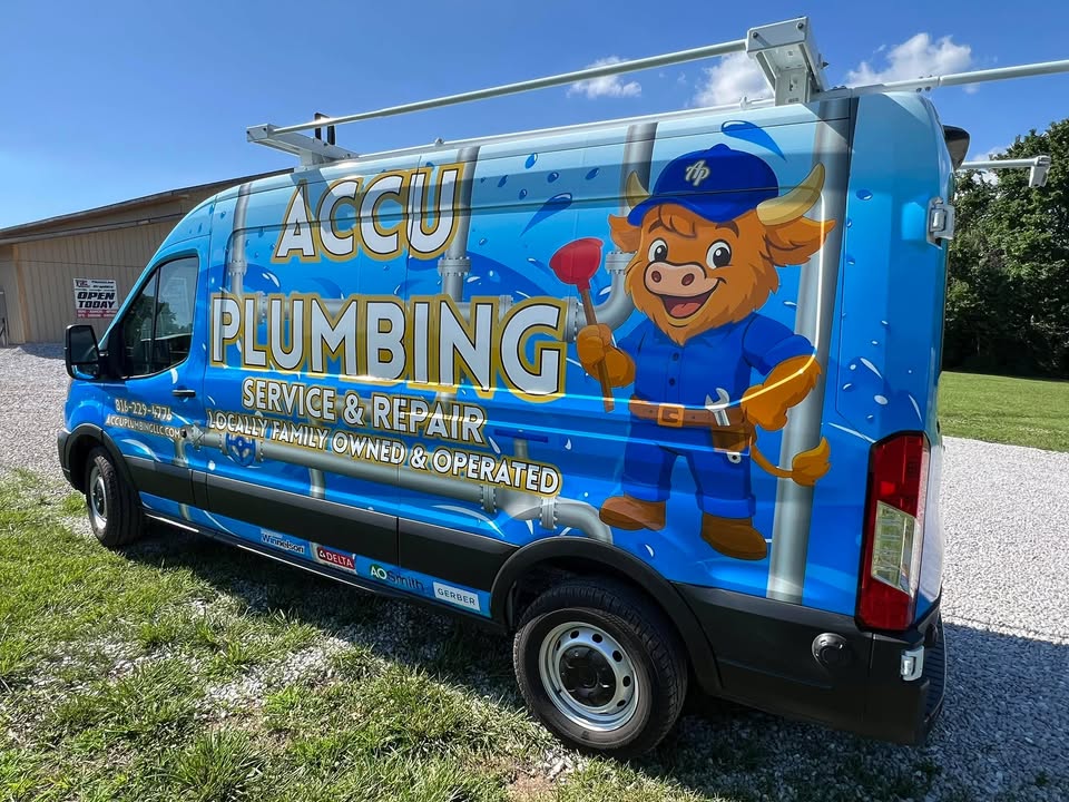 Service areas: Liberty, blue springs, Lee's summit, Independence, grain valley, raymore, raytown, Lake Tapawingo, Lake Lotawana, Lone Jack ACCU Plumbing residential plumbing service van
