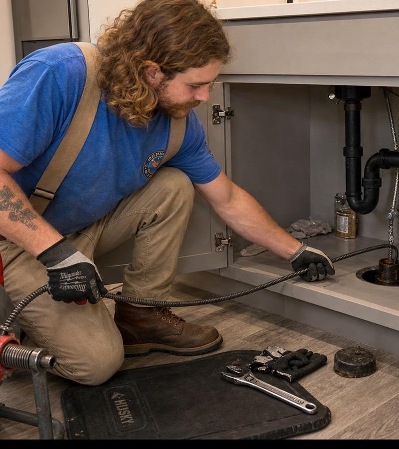 ACCU Plumbing technician servicing a bathroom drain