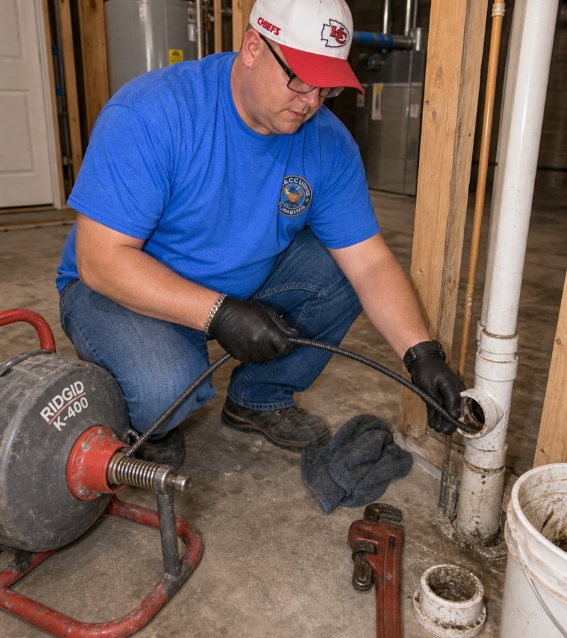 ACCU Plumbing technician cleaning a basement drain