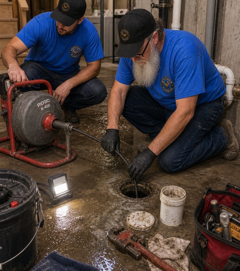 ACCU Plumbing technician responding to a basement sewer backup