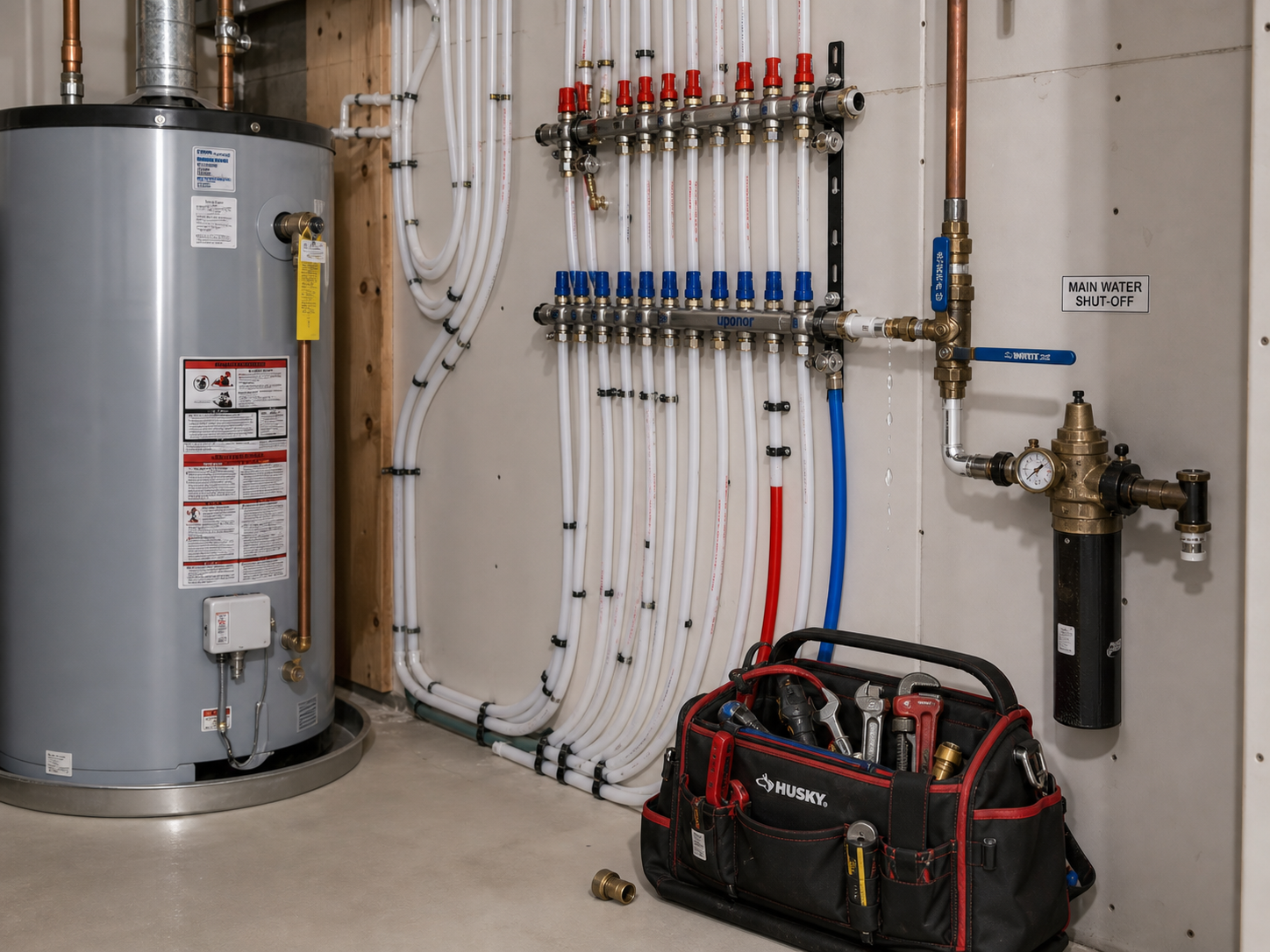 PEX manifold and water heater plumbing maintenance in a Grain Valley home
