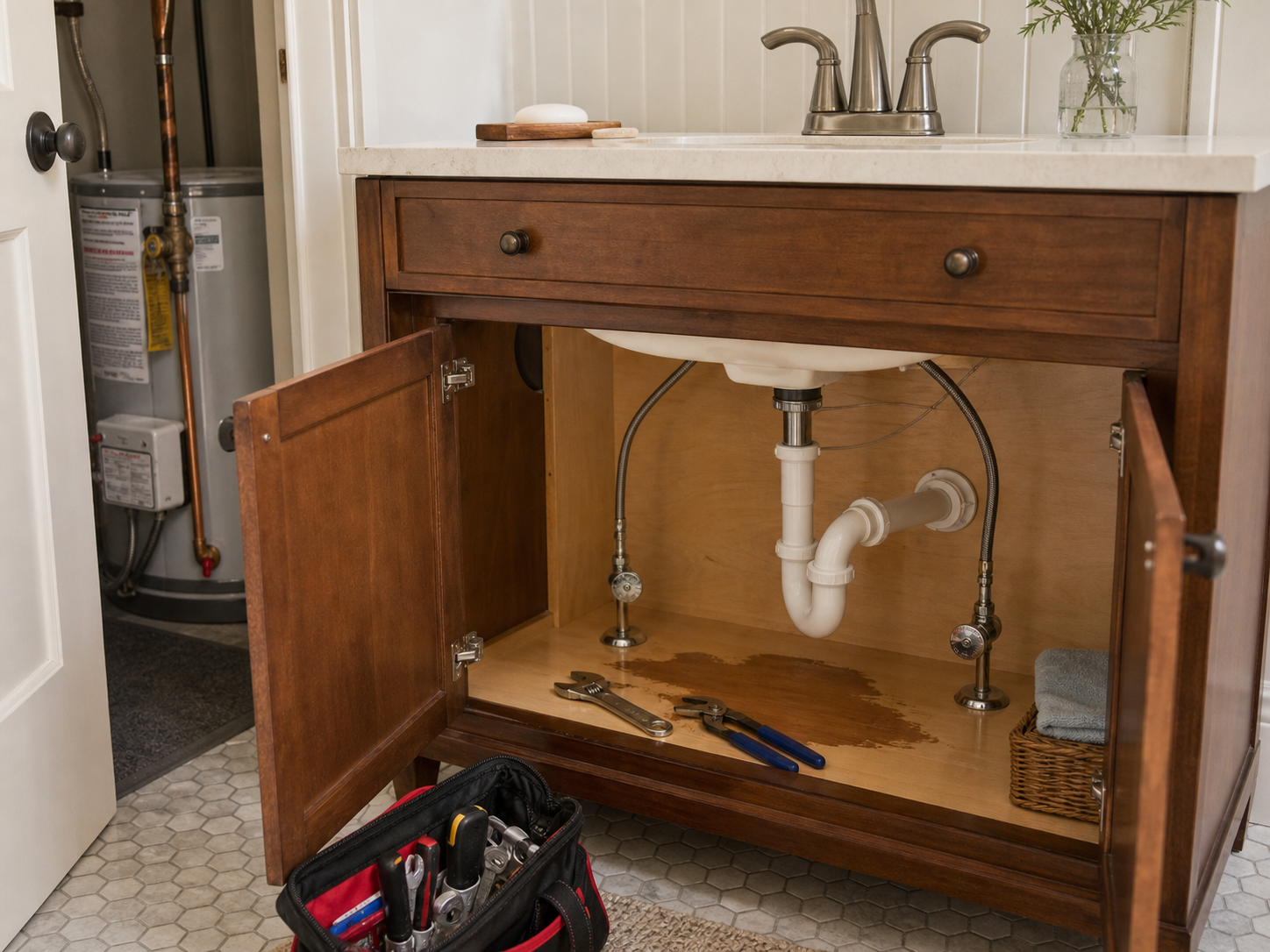 Open vanity cabinet with fixture supply line maintenance issue in a Liberty home