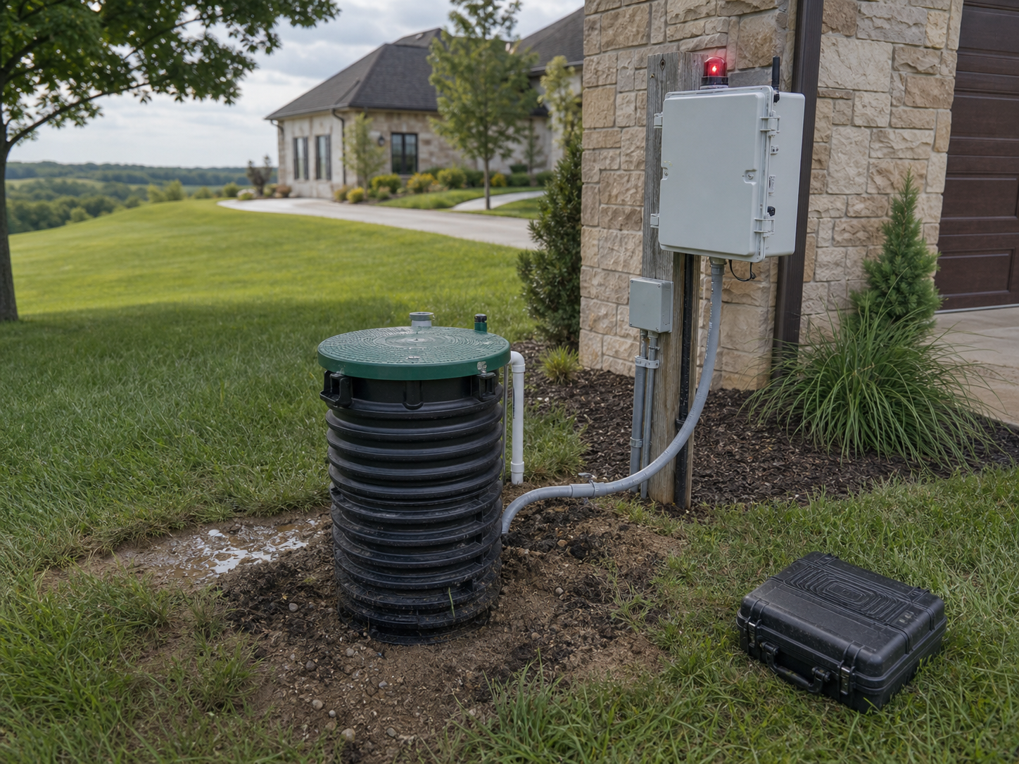 External grinder pump with ribbed black riser and green cap in Lone Jack