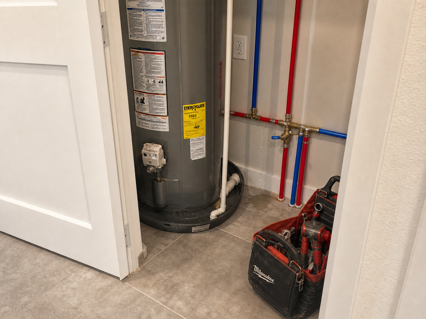 Minor water heater leak in a newer Raymore home utility closet