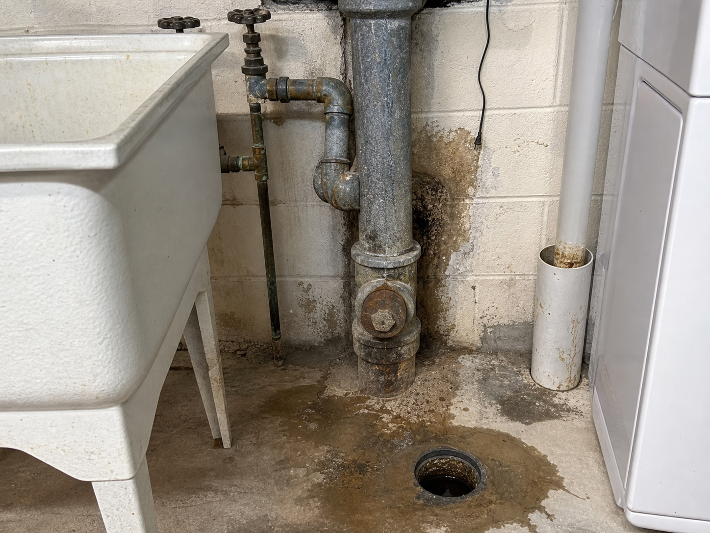 Older basement drain and plumbing system needing maintenance in Raytown