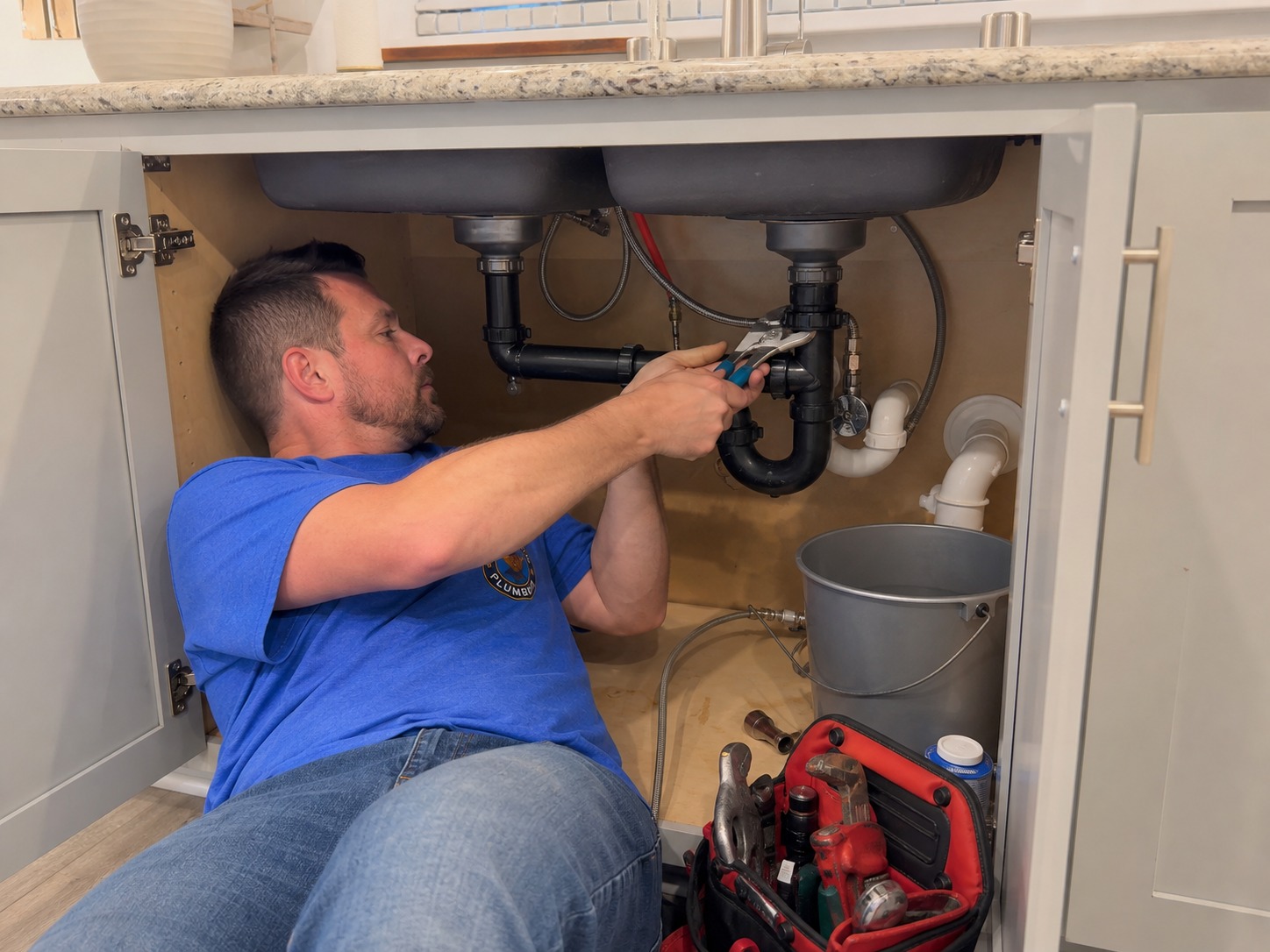ACCU Plumbing technician repairing an under sink drain assembly